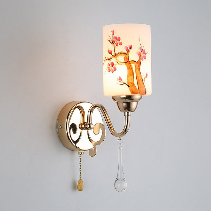 Lisslune | Gold Finish Cylindrical Wall Light Idea Modern 1/2-Head Painted Cream Glass Wall Lamp with Pull Chain