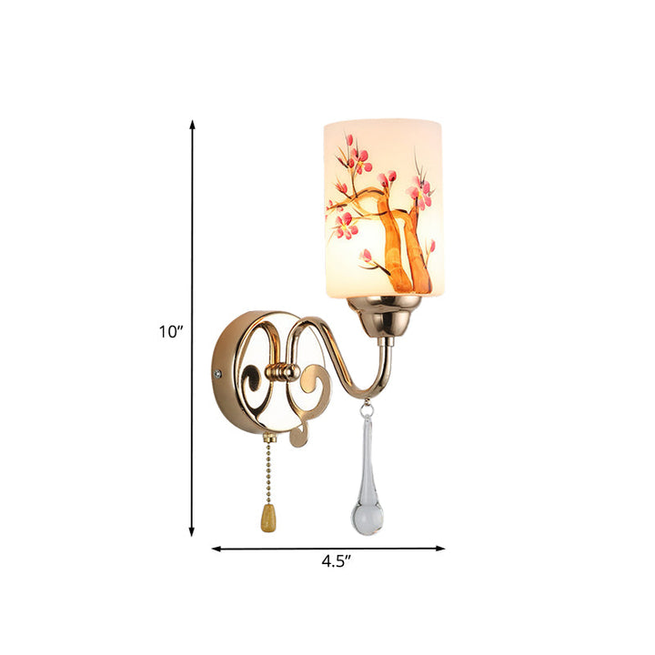Lisslune | Gold Finish Cylindrical Wall Light Idea Modern 1/2-Head Painted Cream Glass Wall Lamp with Pull Chain