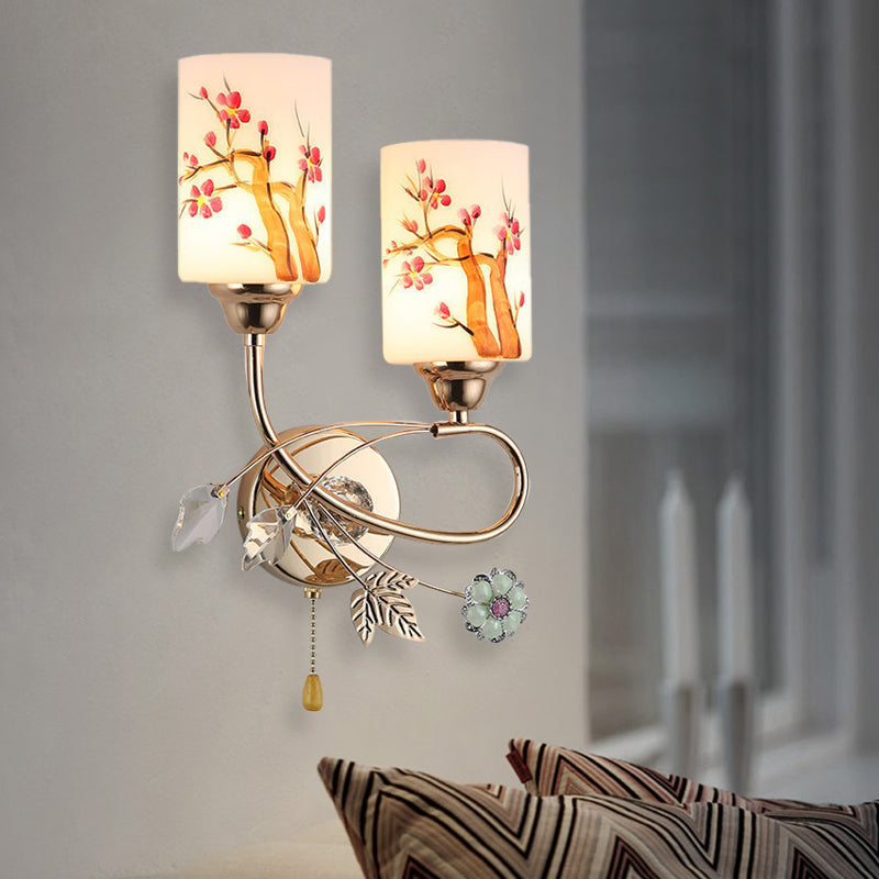 Lisslune | Gold Finish Cylindrical Wall Light Idea Modern 1/2-Head Painted Cream Glass Wall Lamp with Pull Chain