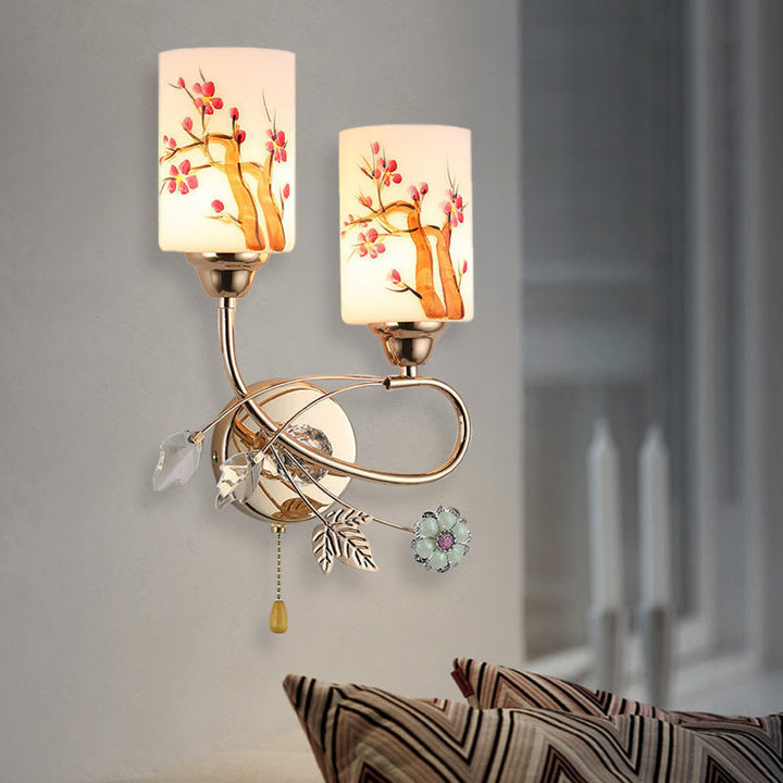 Lisslune | Gold Finish Cylindrical Wall Light Idea Modern 1/2-Head Painted Cream Glass Wall Lamp with Pull Chain