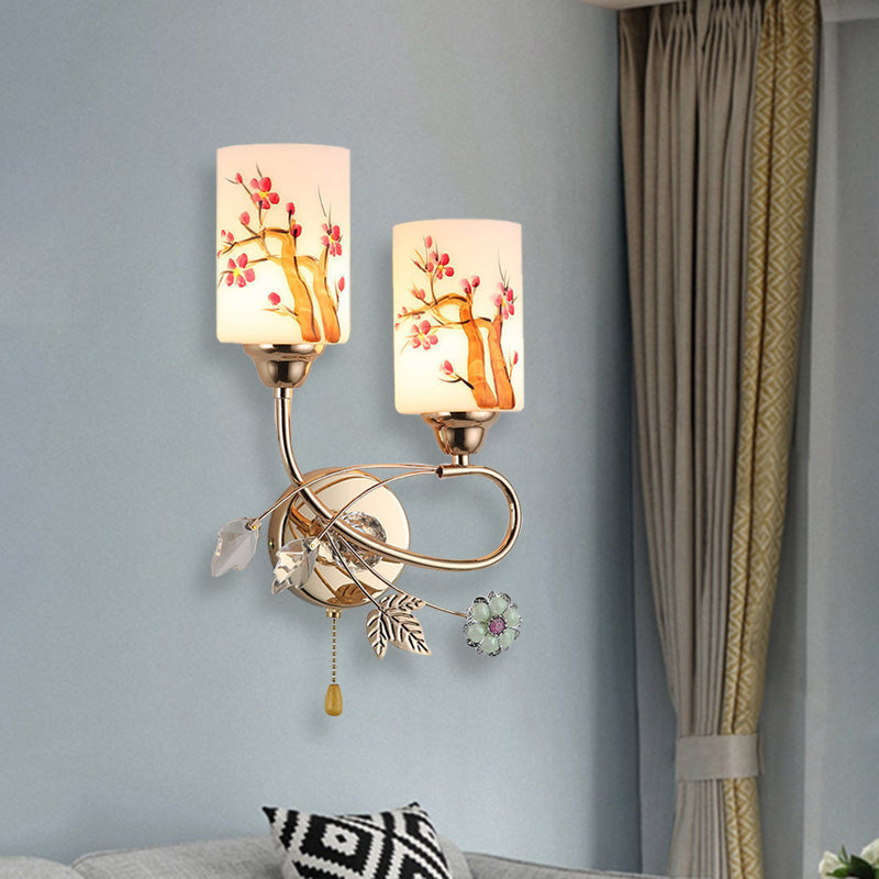 Lisslune | Gold Finish Cylindrical Wall Light Idea Modern 1/2-Head Painted Cream Glass Wall Lamp with Pull Chain