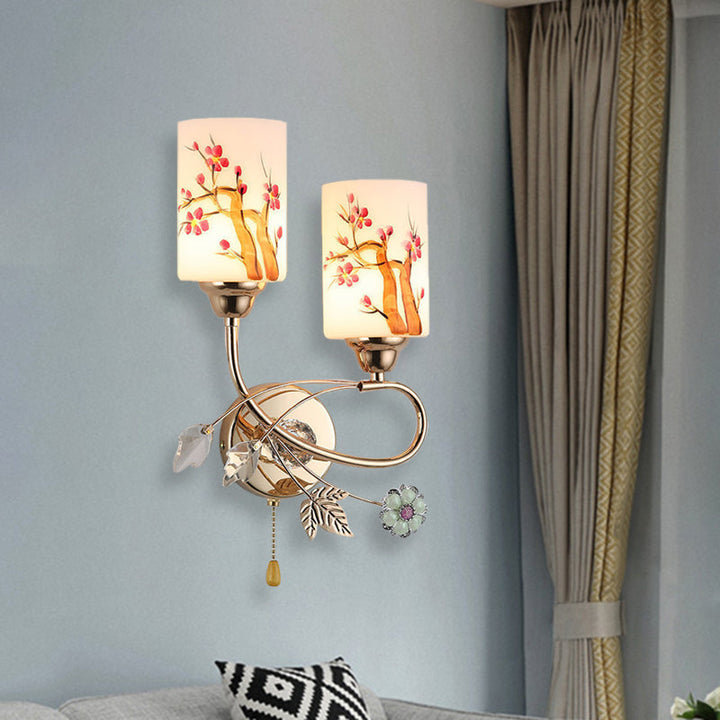 Lisslune | Gold Finish Cylindrical Wall Light Idea Modern 1/2-Head Painted Cream Glass Wall Lamp with Pull Chain
