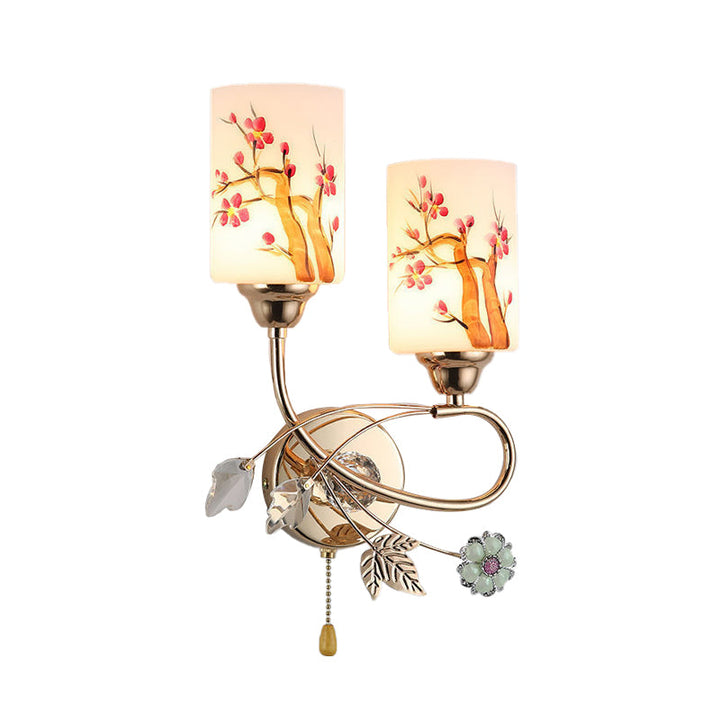 Lisslune | Gold Finish Cylindrical Wall Light Idea Modern 1/2-Head Painted Cream Glass Wall Lamp with Pull Chain