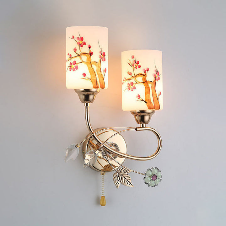 Lisslune | Gold Finish Cylindrical Wall Light Idea Modern 1/2-Head Painted Cream Glass Wall Lamp with Pull Chain