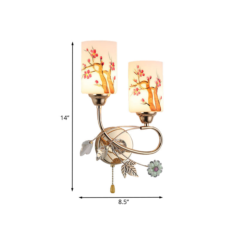 Lisslune | Gold Finish Cylindrical Wall Light Idea Modern 1/2-Head Painted Cream Glass Wall Lamp with Pull Chain