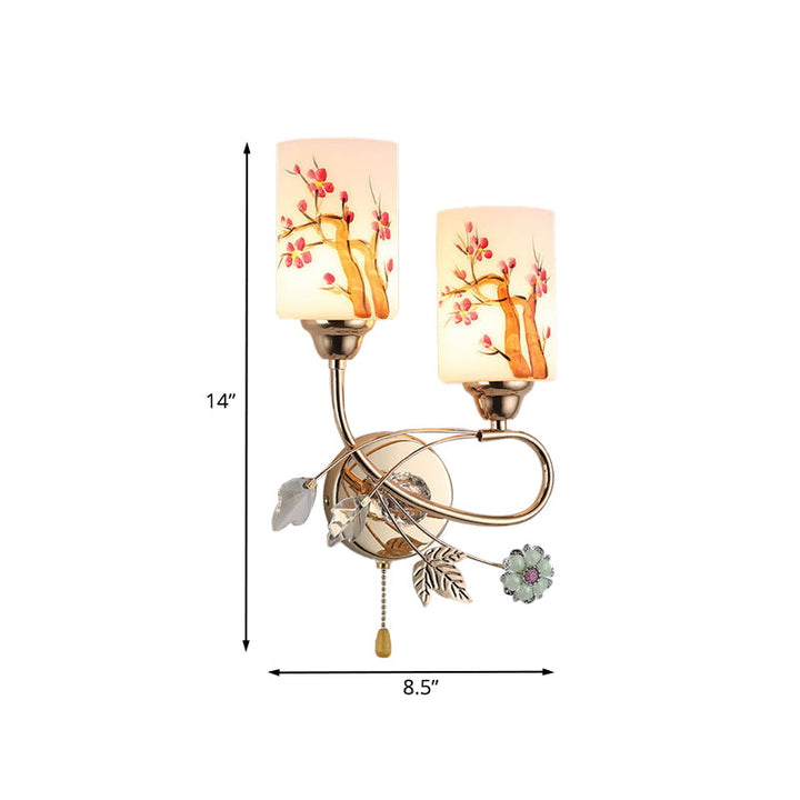 Lisslune | Gold Finish Cylindrical Wall Light Idea Modern 1/2-Head Painted Cream Glass Wall Lamp with Pull Chain