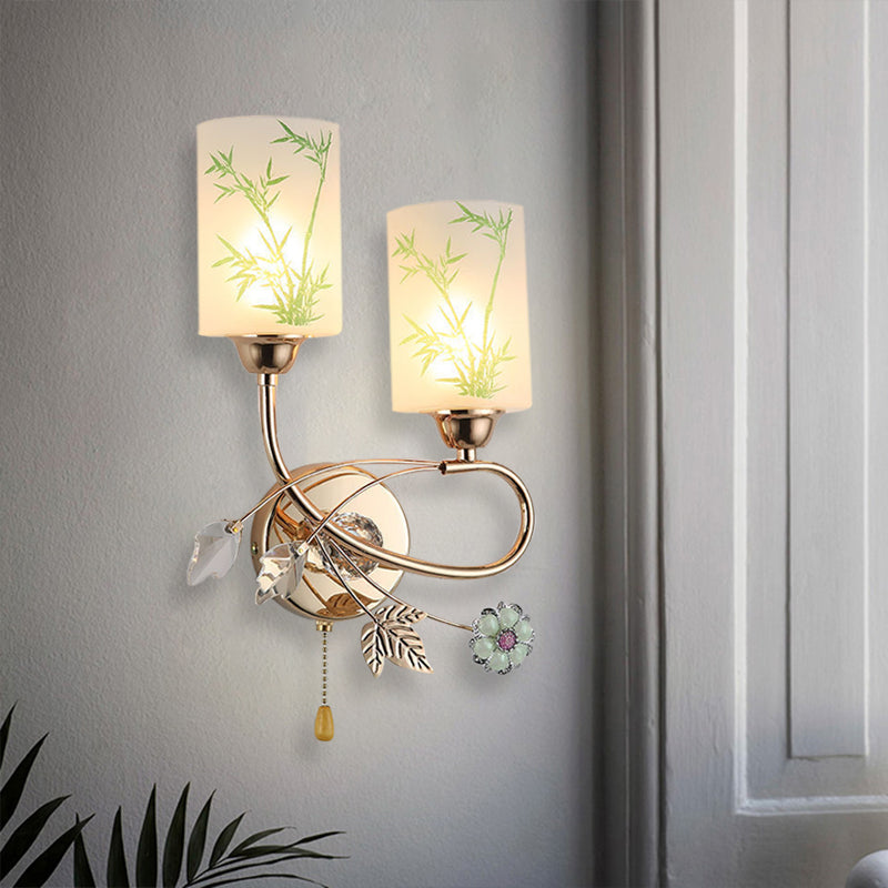 Lisslune | Painted Glass Cylinder Wall Light Modern 2 Lights Gold Pull Chain Wall Mounted Lamp
