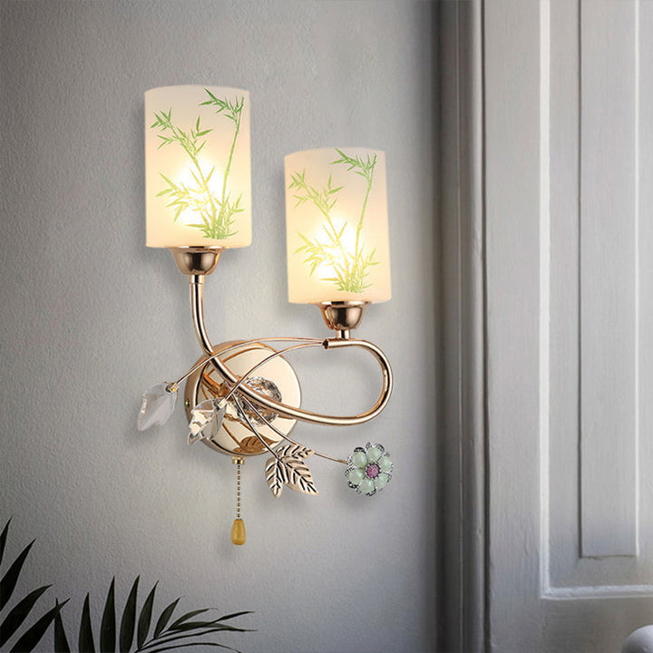 Lisslune | Painted Glass Cylinder Wall Light Modern 2 Lights Gold Pull Chain Wall Mounted Lamp