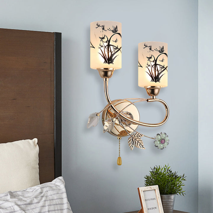 Lisslune | Modernism 2-Bulb Pull Chain Wall Lighting Idea with Measured Glass Shade Gold Cylinder Wall Lamp