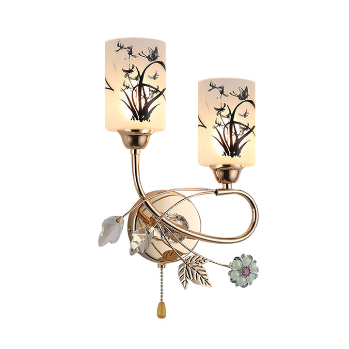 Lisslune | Modernism 2-Bulb Pull Chain Wall Lighting Idea with Measured Glass Shade Gold Cylinder Wall Lamp