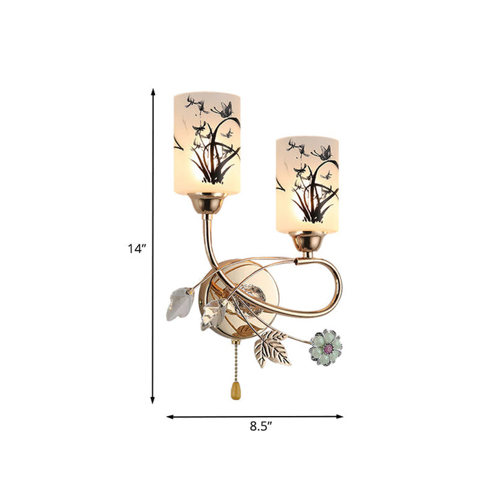 Lisslune | Modernism 2-Bulb Pull Chain Wall Lighting Idea with Measured Glass Shade Gold Cylinder Wall Lamp