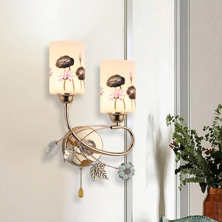 Lisslune | Cylinder Wall Light Modernism Lotus Painted Glass 2-Head Gold-Finish Wall Light with Pull Chain