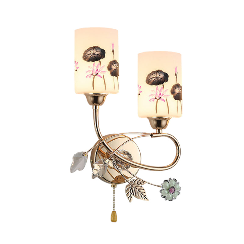 Lisslune | Cylinder Wall Light Modernism Lotus Painted Glass 2-Head Gold-Finish Wall Light with Pull Chain