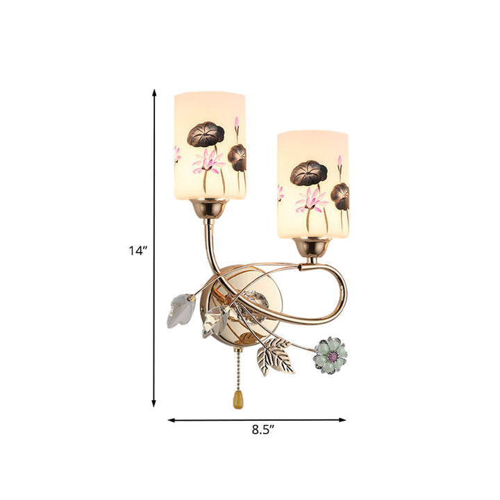 Lisslune | Cylinder Wall Light Modernism Lotus Painted Glass 2-Head Gold-Finish Wall Light with Pull Chain