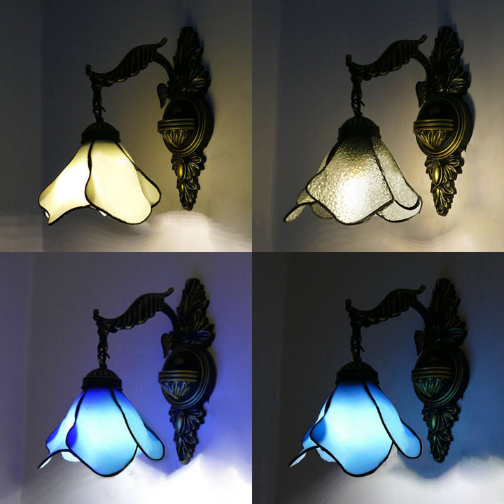 Lisslune | Clear/Pink/Light Blue/Dark Blue/Beige Petal Shade Wall Light Tiffany Style 1 Light Stained Glass Wall Lighting in Antique Brass