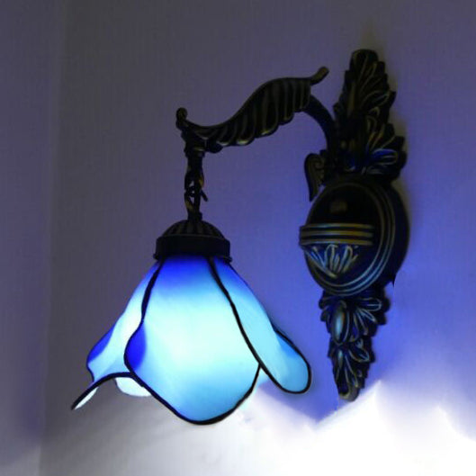 Lisslune | Clear/Pink/Light Blue/Dark Blue/Beige Petal Shade Wall Light Tiffany Style 1 Light Stained Glass Wall Lighting in Antique Brass