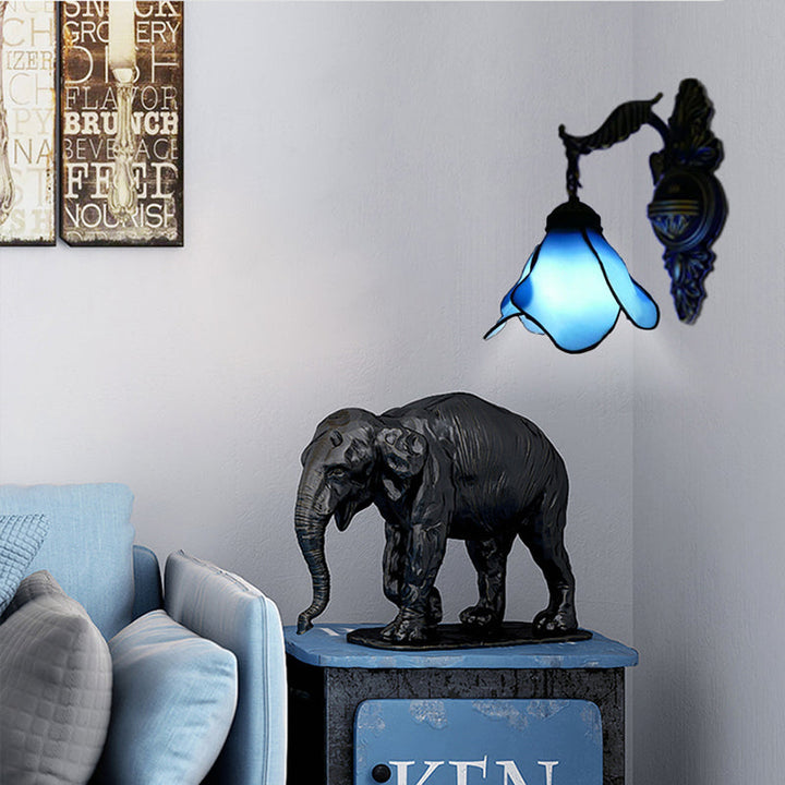 Lisslune | Clear/Pink/Light Blue/Dark Blue/Beige Petal Shade Wall Light Tiffany Style 1 Light Stained Glass Wall Lighting in Antique Brass