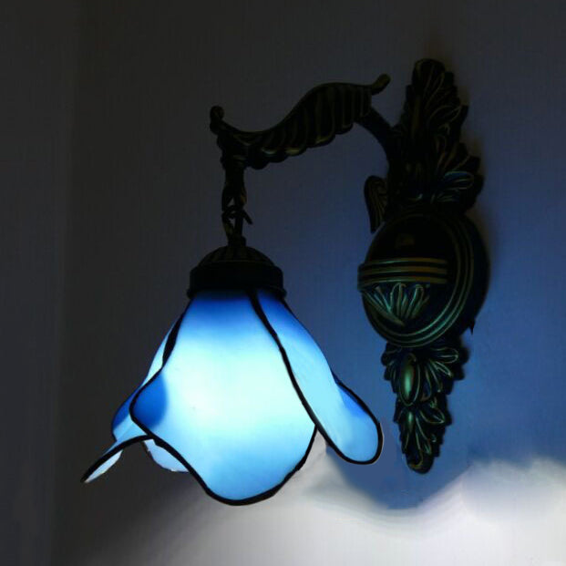 Lisslune | Clear/Pink/Light Blue/Dark Blue/Beige Petal Shade Wall Light Tiffany Style 1 Light Stained Glass Wall Lighting in Antique Brass