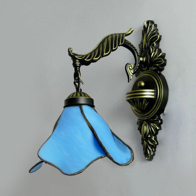 Lisslune | Clear/Pink/Light Blue/Dark Blue/Beige Petal Shade Wall Light Tiffany Style 1 Light Stained Glass Wall Lighting in Antique Brass