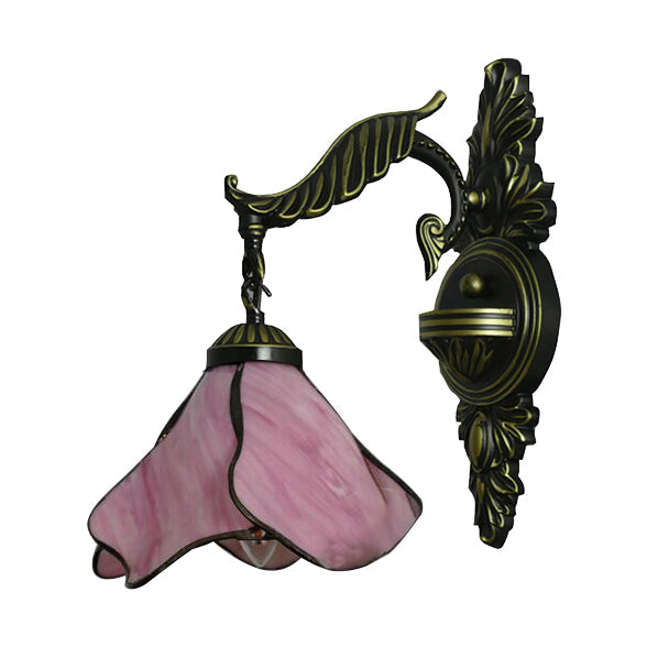 Lisslune | Clear/Pink/Light Blue/Dark Blue/Beige Petal Shade Wall Light Tiffany Style 1 Light Stained Glass Wall Lighting in Antique Brass