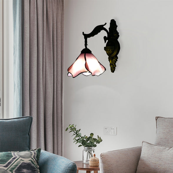 Lisslune | Clear/Pink/Light Blue/Dark Blue/Beige Petal Shade Wall Light Tiffany Style 1 Light Stained Glass Wall Lighting in Antique Brass