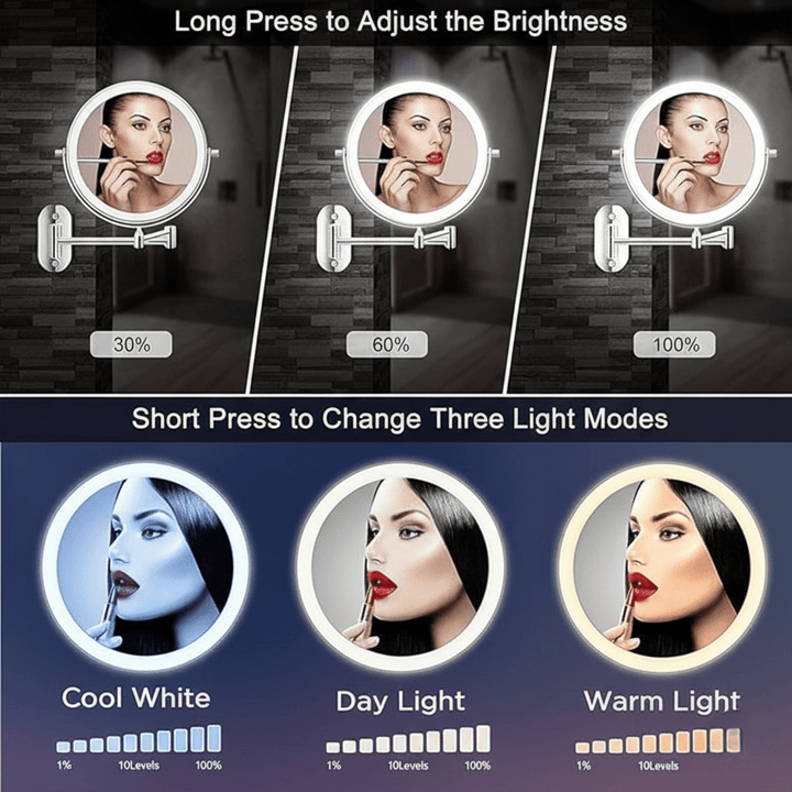 Lisslune | LED magnifying mirror with adjustable lighting and rechargeable battery