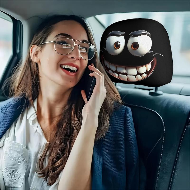 Lisslune | 2pcs Set of Funny Big-Eyed Grinning Cartoon Print Car Seat Headrest Covers