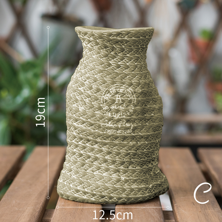 Lisslune | Ceramic Plant Pot in Hemp Bag Design with Rope Handles – Decorative Flower Pot for Garden and Home