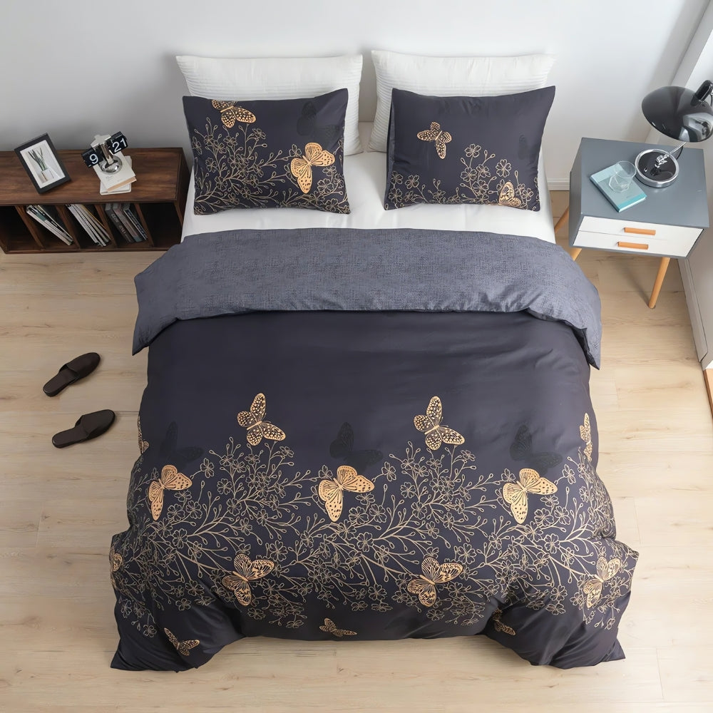 Lisslune | Valora Midnight Butterfly Duvet Cover | 3pcs Set