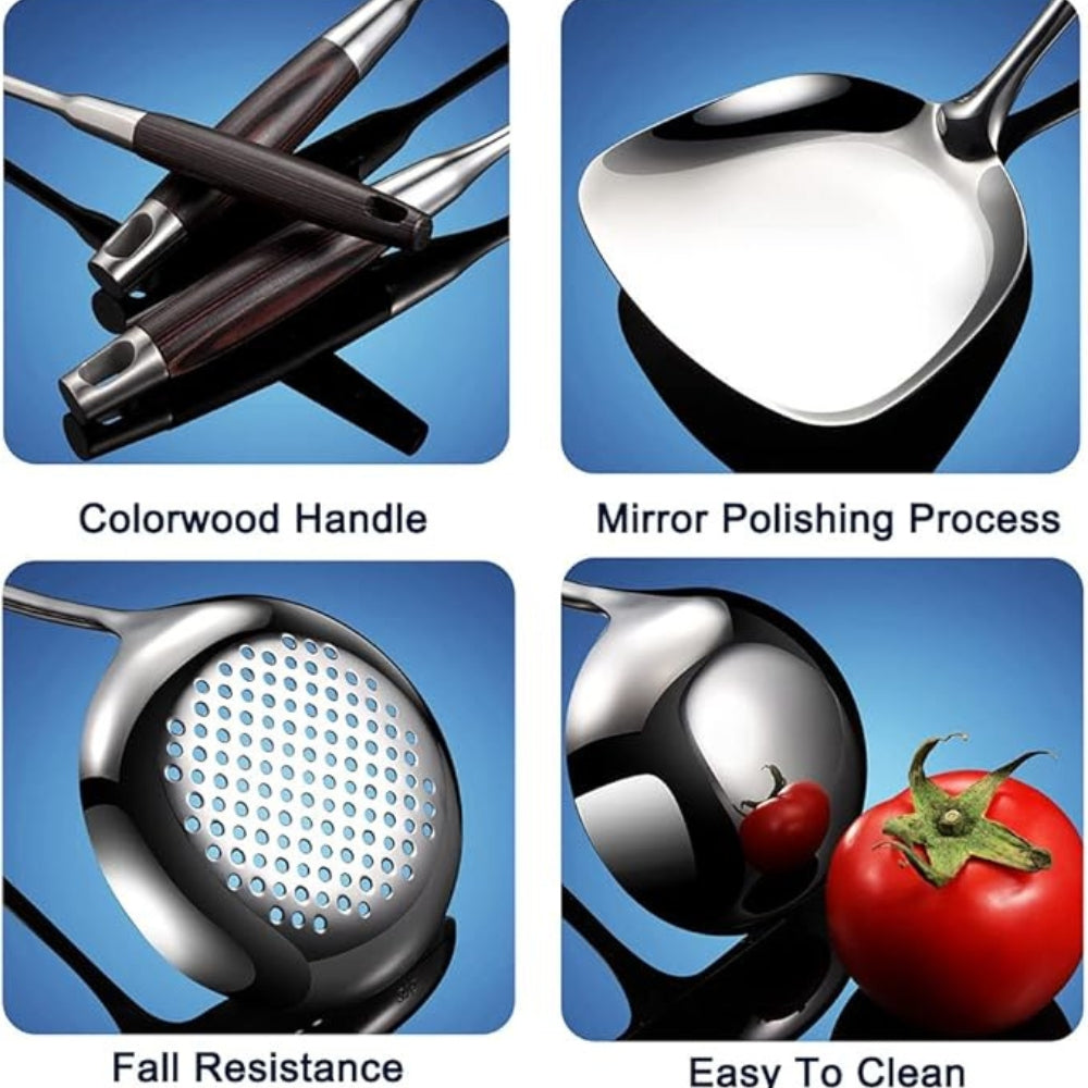 Lisslune | Gleaming Stainless Steel Wooden Utensils | 6Pcs Set
