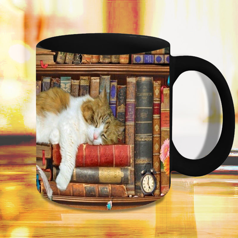 Lisslune | Bookshelf Ceramic Coffee Mug - Gift for Cat Book Lovers