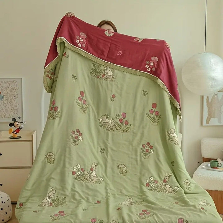 Lisslune | Embroidered Bunny Floral Cotton Blanket