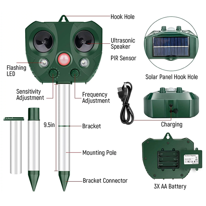 Lisslune | Ultrasonic Bird Repeller, Solar Powered