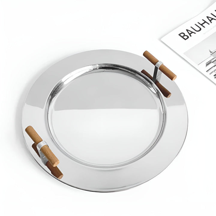 Lisslune | Elegant Stainless Steel Round Tray with Wooden Handles
