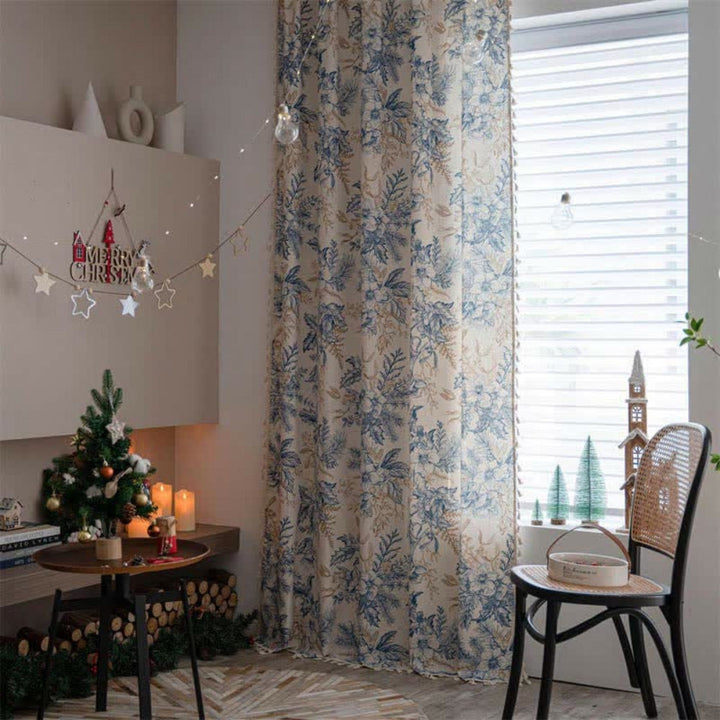 Lisslune | Farmhouse Botanical Blue Floral Curtain