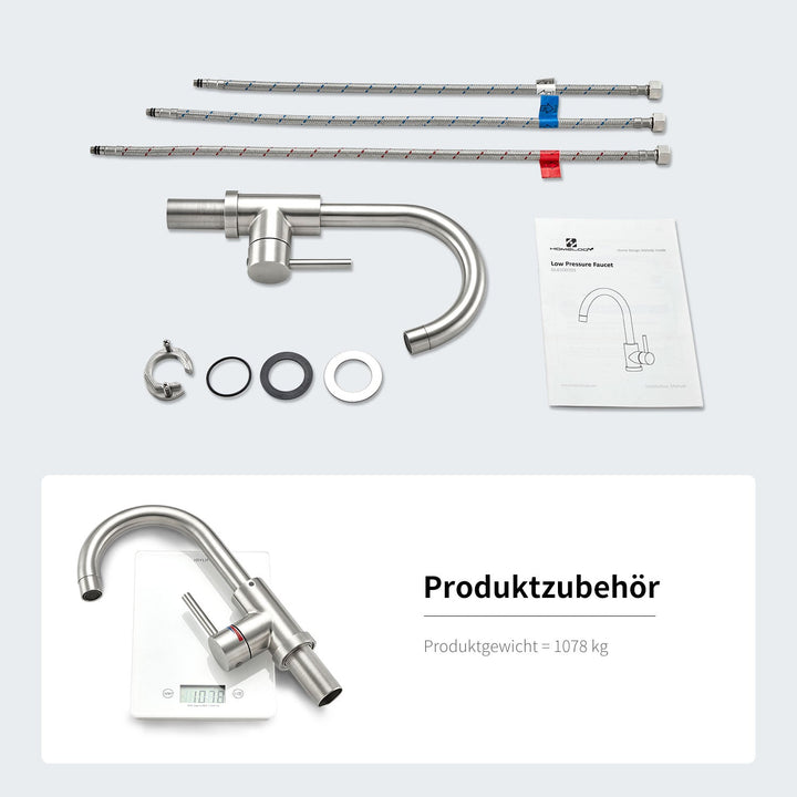 Lisslune | Stainless Steel Low Pressure Basin Mixer Brushed Single Lever Faucet Bathroom