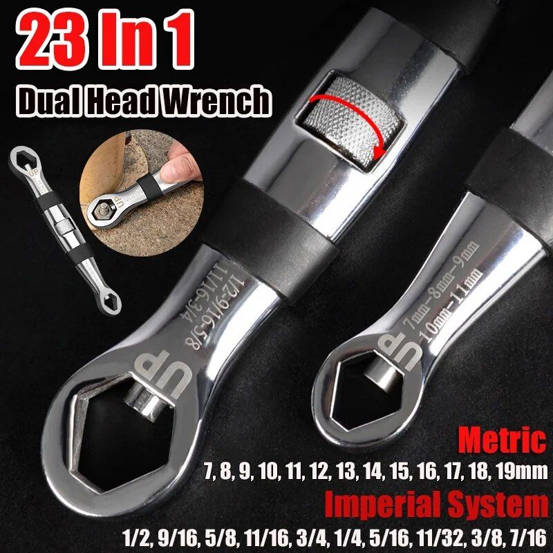 Lisslune | Universal Dual-Head 23-in-1 Adjustable Wrench - Metric & Imperial, 7-19MM Ratchet Wrench