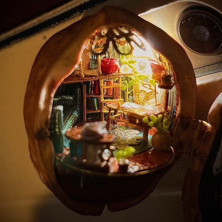 Lisslune | Handmade.Walnut Shell Doll House--Mini Library, Tiny World Inside Walnuts