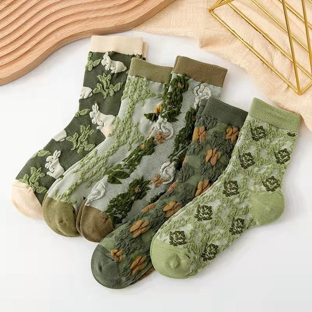 Lisslune | 5 Pair Vintage Flower Embroidery Socks