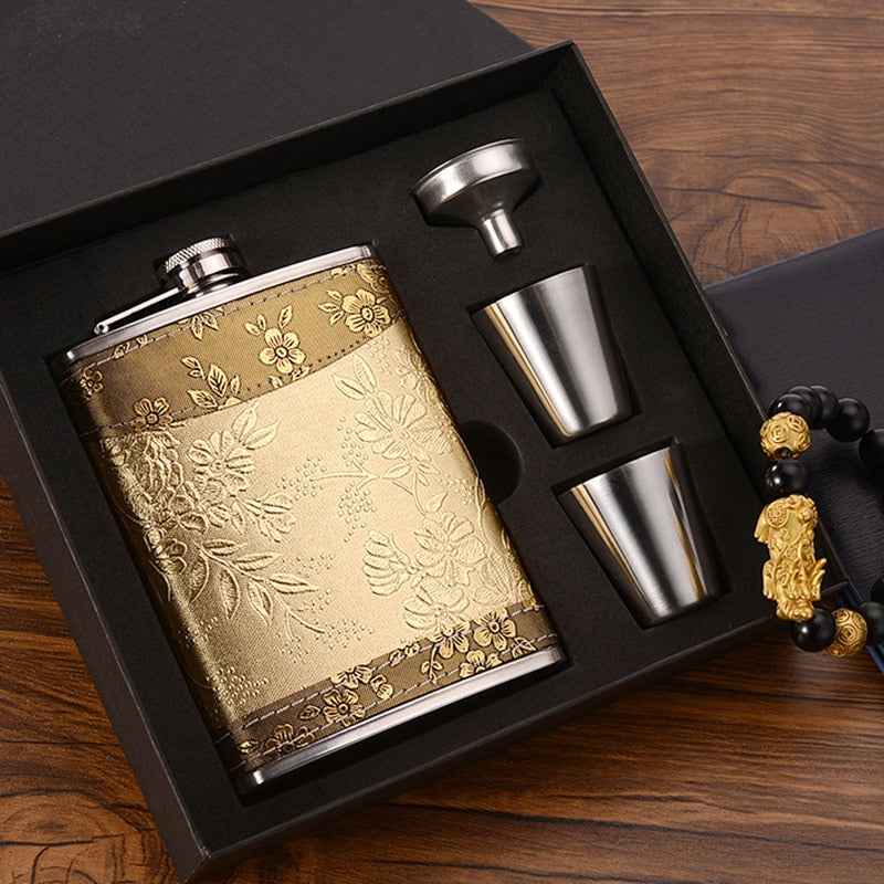 Lisslune | 8oz Whisky Bottle made of Stainless Steel Alcohol Funnel Hip Flask Embroidered Golden Silk Fabric Packaging Gift Box Set
