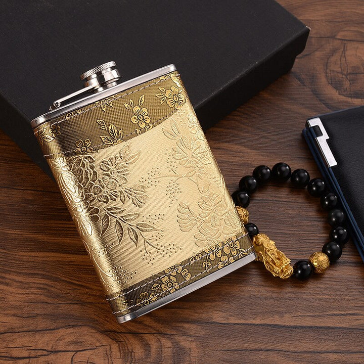 Lisslune | 8oz Whisky Bottle made of Stainless Steel Alcohol Funnel Hip Flask Embroidered Golden Silk Fabric Packaging Gift Box Set