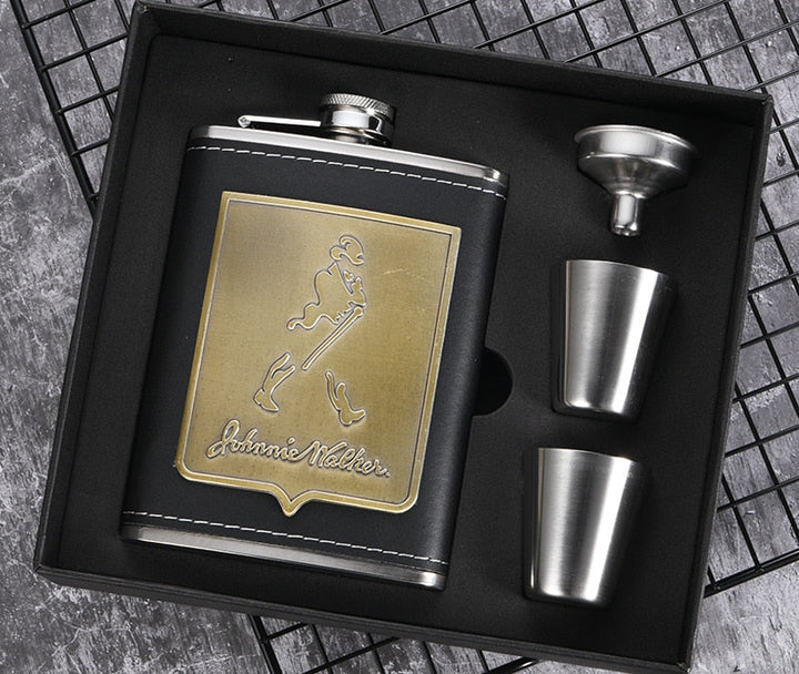 Lisslune | 8oz Whisky Bottle made of Stainless Steel Alcohol Funnel Hip Flask Embroidered Golden Silk Fabric Packaging Gift Box Set