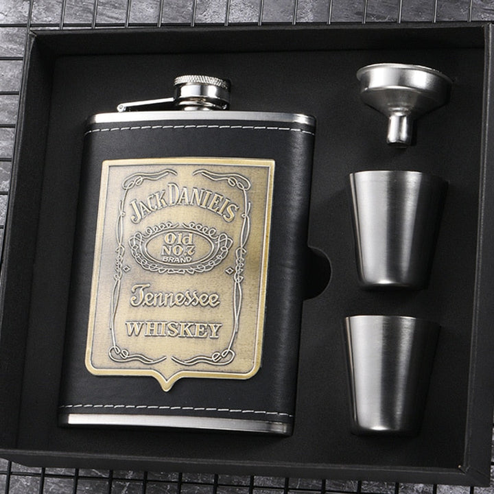 Lisslune | 8oz Whisky Bottle made of Stainless Steel Alcohol Funnel Hip Flask Embroidered Golden Silk Fabric Packaging Gift Box Set