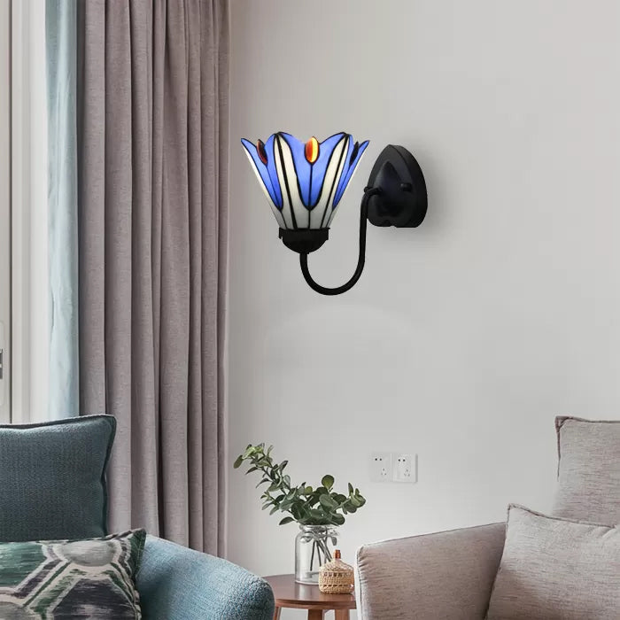 Lisslune | Stained Glass Flower Wall Lamp Tiffany 1 Head White/Black/Sky Blue Wall Lamp for Living Room