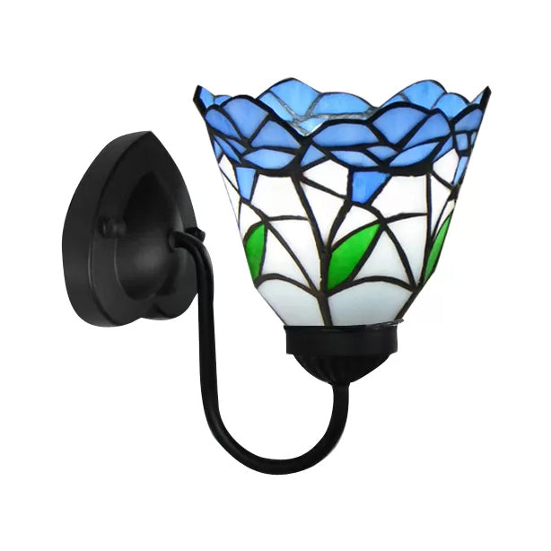 Lisslune | Stained Glass Flower Wall Lamp Tiffany 1 Head White/Black/Sky Blue Wall Lamp for Living Room