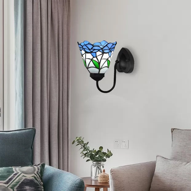 Lisslune | Stained Glass Flower Wall Lamp Tiffany 1 Head White/Black/Sky Blue Wall Lamp for Living Room