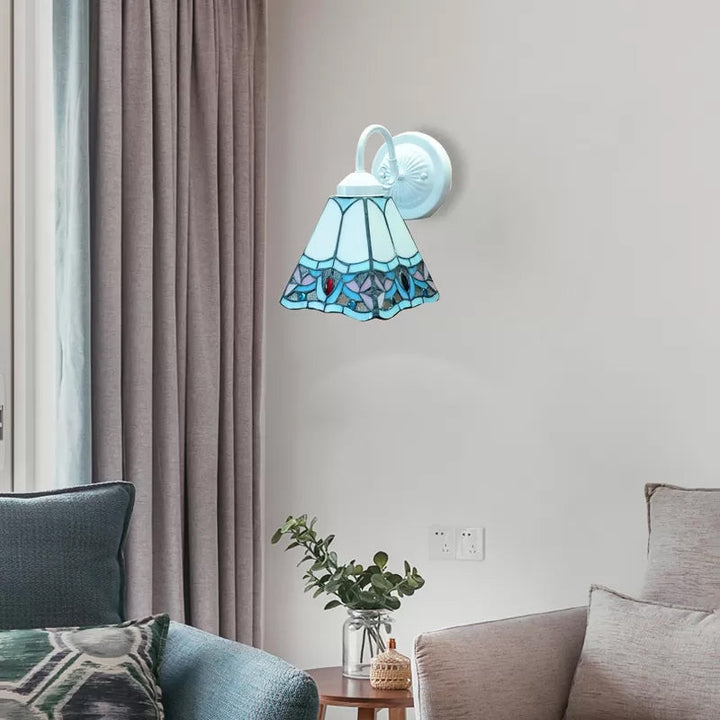 Lisslune | Stained Glass Flower Wall Lamp Tiffany 1 Head White/Black/Sky Blue Wall Lamp for Living Room