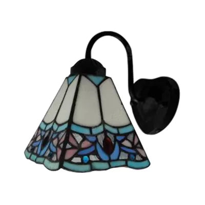 Lisslune | Stained Glass Flower Wall Lamp Tiffany 1 Head White/Black/Sky Blue Wall Lamp for Living Room