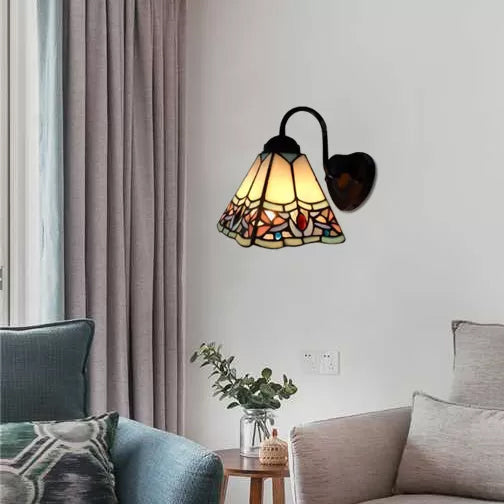 Lisslune | Stained Glass Flower Wall Lamp Tiffany 1 Head White/Black/Sky Blue Wall Lamp for Living Room
