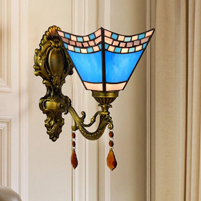 Lisslune | Mediterranean Mini Wall Light Blue Glass 1 Light Wall Lamp for Foyer